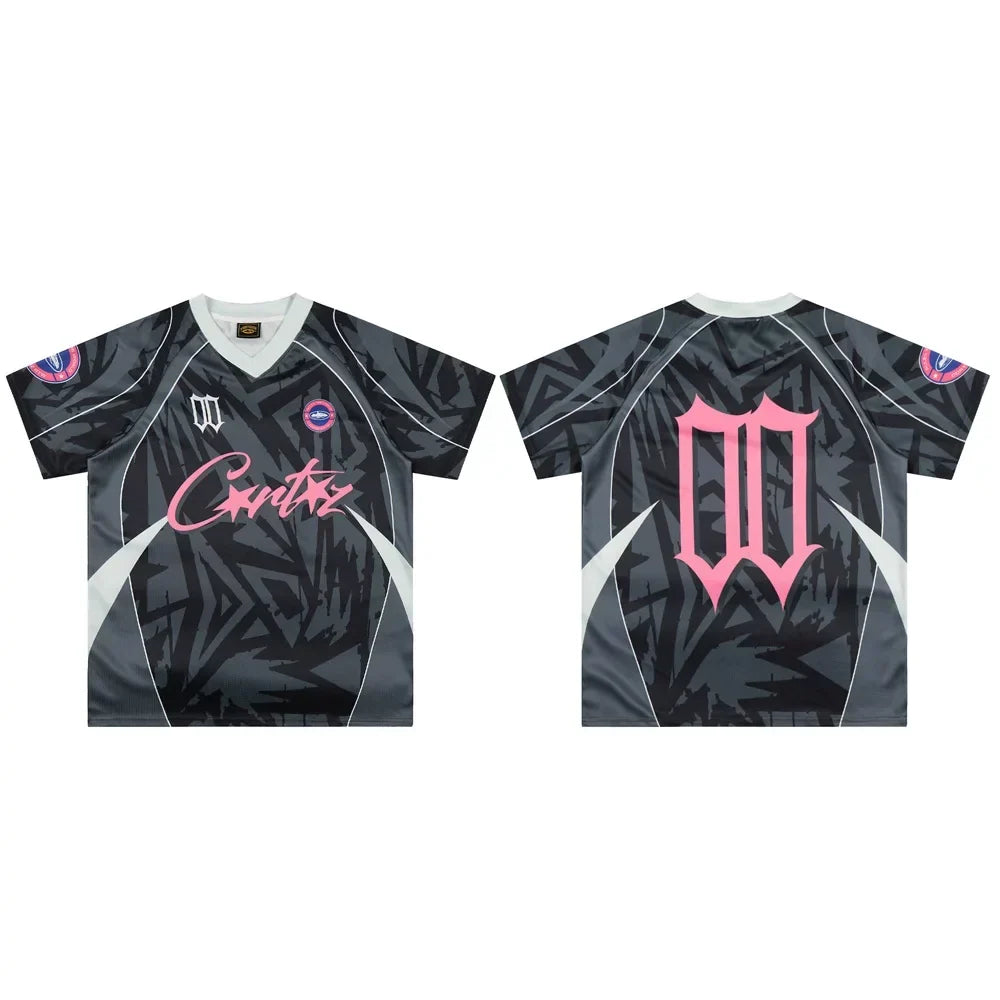 Corteiz Geometric Graphic Athletic Jersey T-Shirt - Black/Grey/Pink